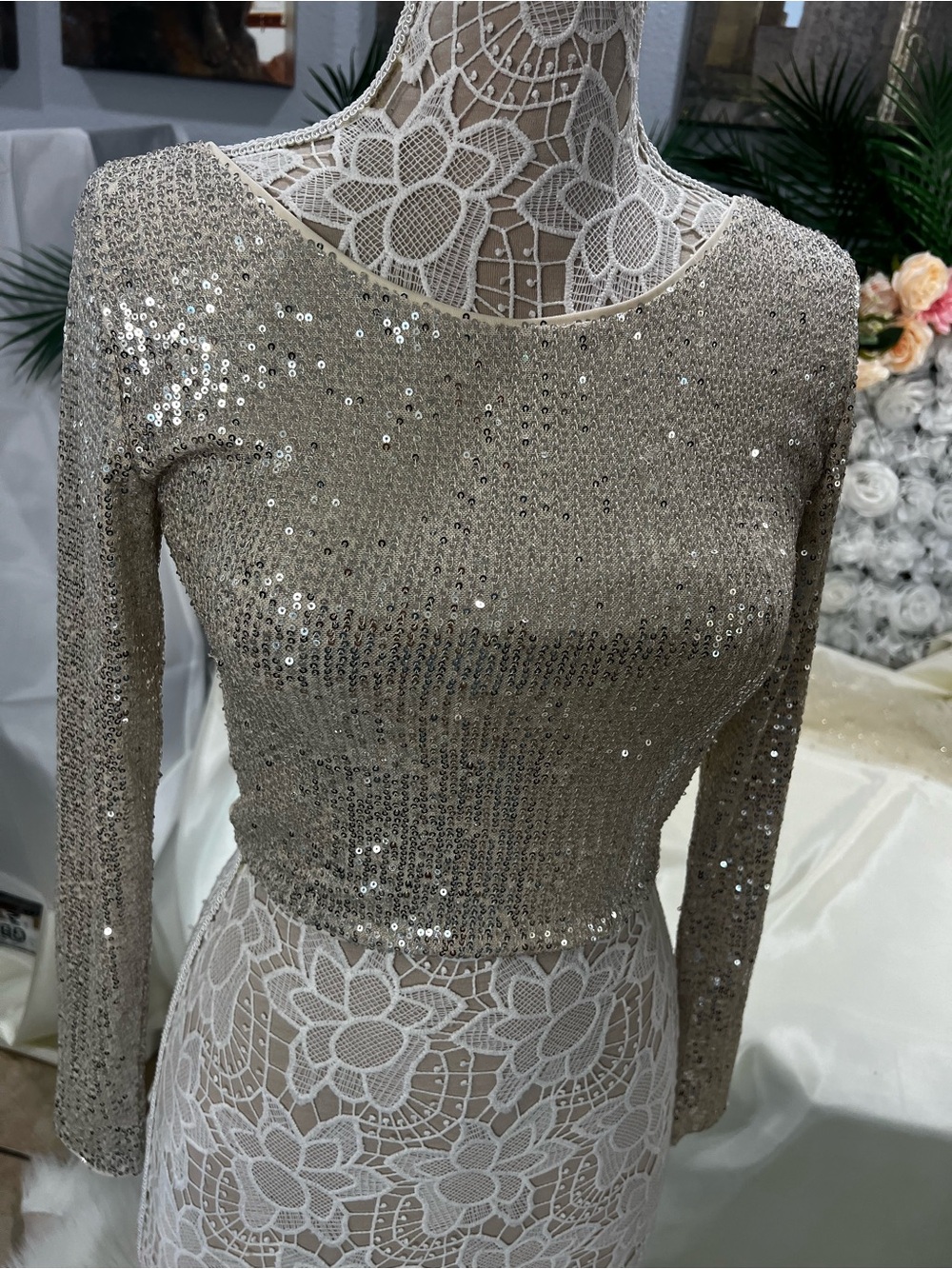 Pink Lily Champagne Sequin Long-Sleeve Crop Top